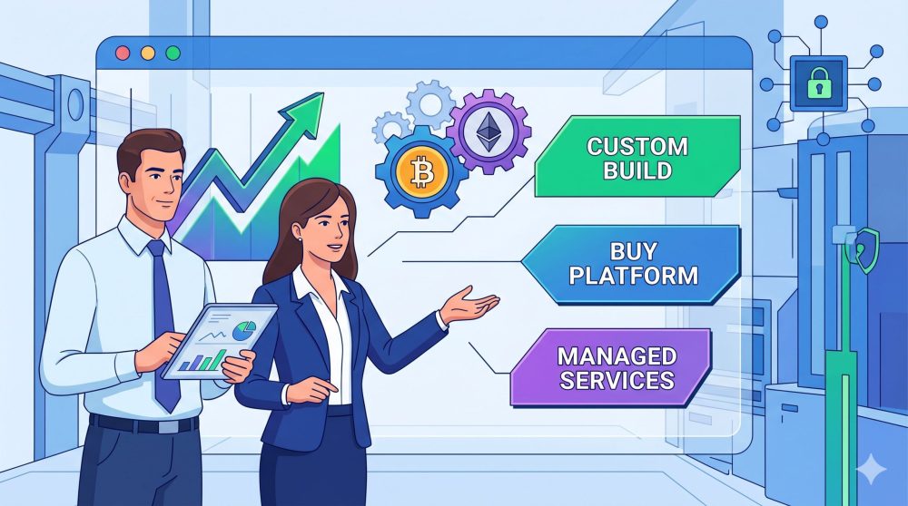 A modern vector illustration showing two business executives in a digital workspace evaluating three primary pathways for establishing a cryptocurrency exchange, clearly labeled: Custom Build, Buy Platform, and Managed Services. Charts, gears, and integrated crypto icons (BTC, ETH) visualize the analytical process and the goal of building secure trading infrastructure.