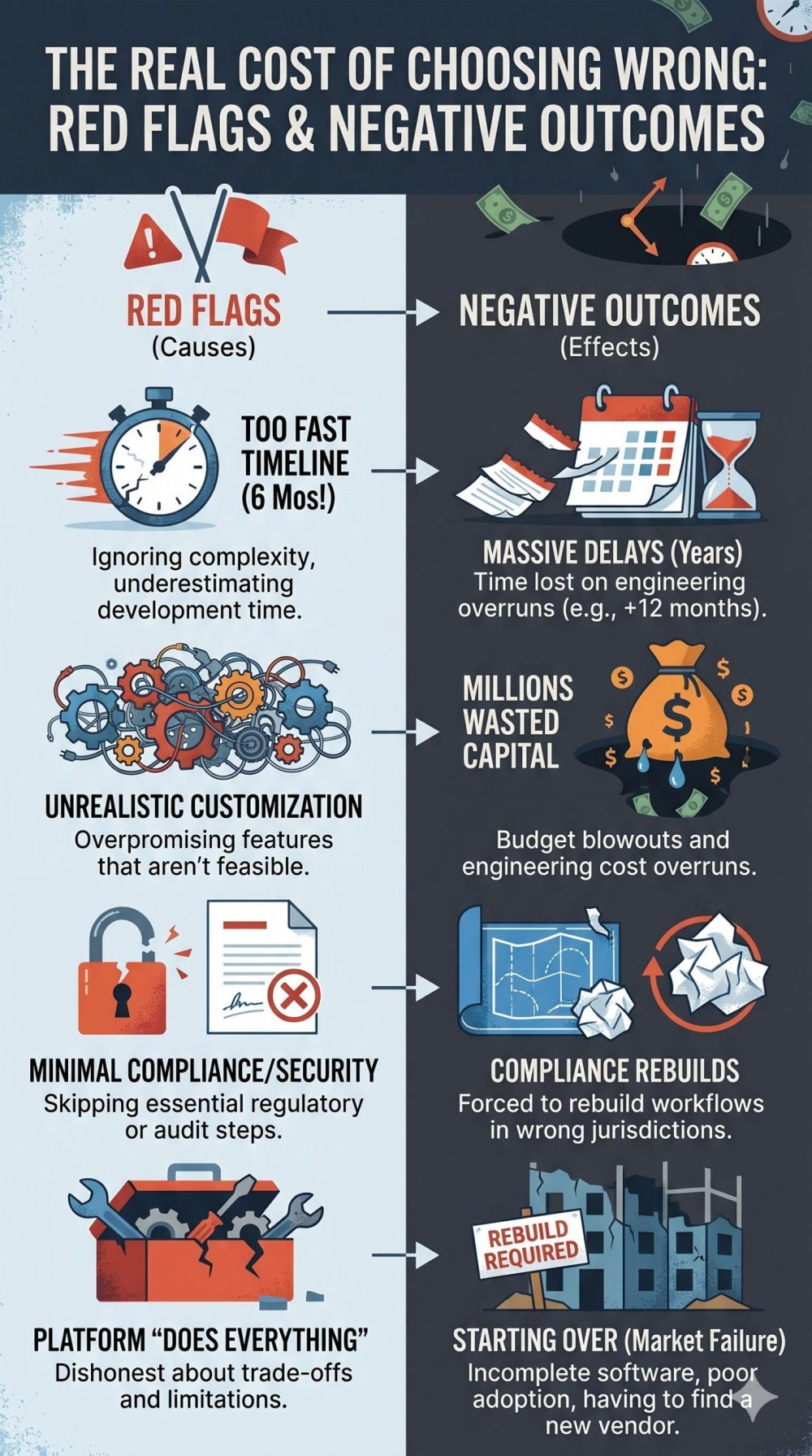A detailed portrait (9:16) infographic titled 'THE REAL COST OF CHOOSING WRONG: RED FLAGS & NEGATIVE OUTCOMES'. It displays a comparative checklist with 'RED FLAGS (Causes)' like overly fast timelines, unrealistic customization, and minimal compliance/security listed on the left, connected by arrows to their specific 'NEGATIVE OUTCOMES (Effects)' on the right, such as massive engineering delays, wasted capital (millions), forced compliance rebuilds, and complete market failure. The visual style uses distressed colors and icons to convey risk.