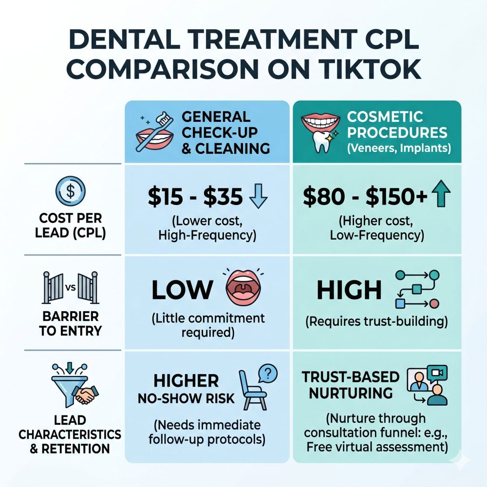 A clean, modern square (1:1) flat-design comparison chart contrasting 'General Check-up & Cleaning' against 'Cosmetic Procedures (Veneers, Implants)'. The chart compares Cost Per Lead (CPL) [General: $15-$35; Cosmetic: $80-$150+], Barrier to Entry [General: LOW; Cosmetic: HIGH], and generic Lead Characteristics & Retention requirements, illustrating that different dental services have vastly different marketing funnels and costs.