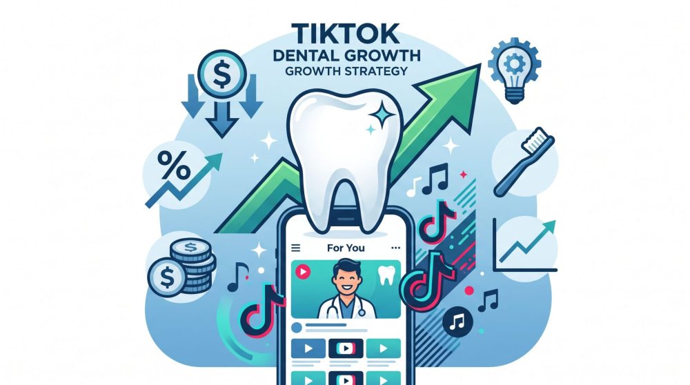 A modern flat-design vector illustration depicting a conceptual strategy for dental clinic growth using TikTok. A large, gleaming white tooth is boosted by an upward-trending green arrow, symbolizing success. Below it, a smartphone screen displays a stylized TikTok interface with a smiling dentist video. Icons for low cost (downward dollar signs), growth charts, money, and a toothbrush float around, reinforcing a professional business blog aesthetic for low-expense advertising.