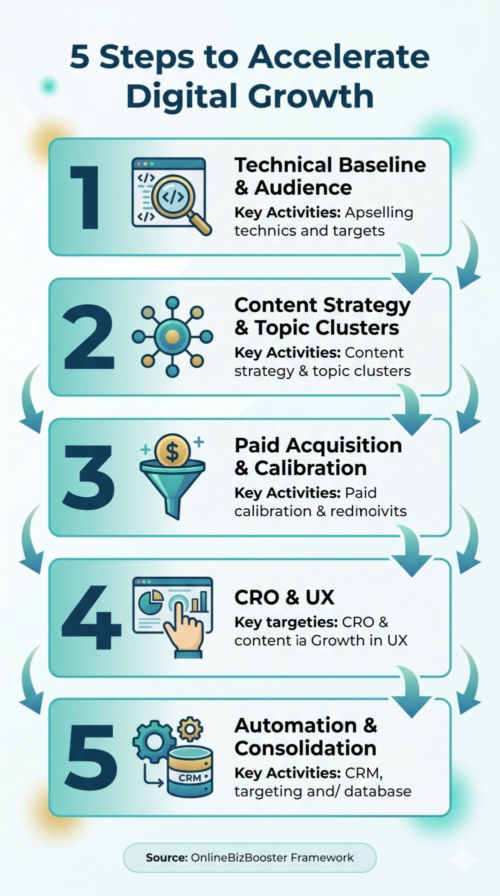 Vertical portrait infographic detailing the 5 steps of the OnlineBizBooster growth framework.
