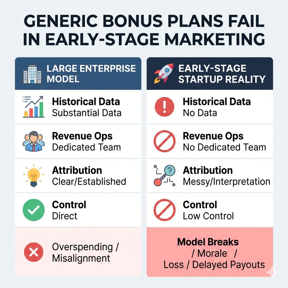 Comparison chart showing factors where generic enterprise bonus plans fail in early-stage startups.