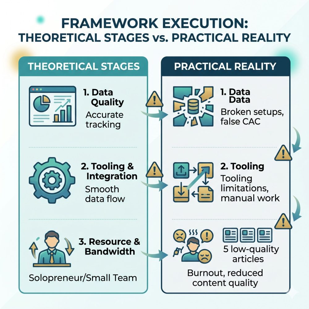 Square infographic comparing 'Theoretical Stages' versus 'Practical Reality' in digital growth execution.