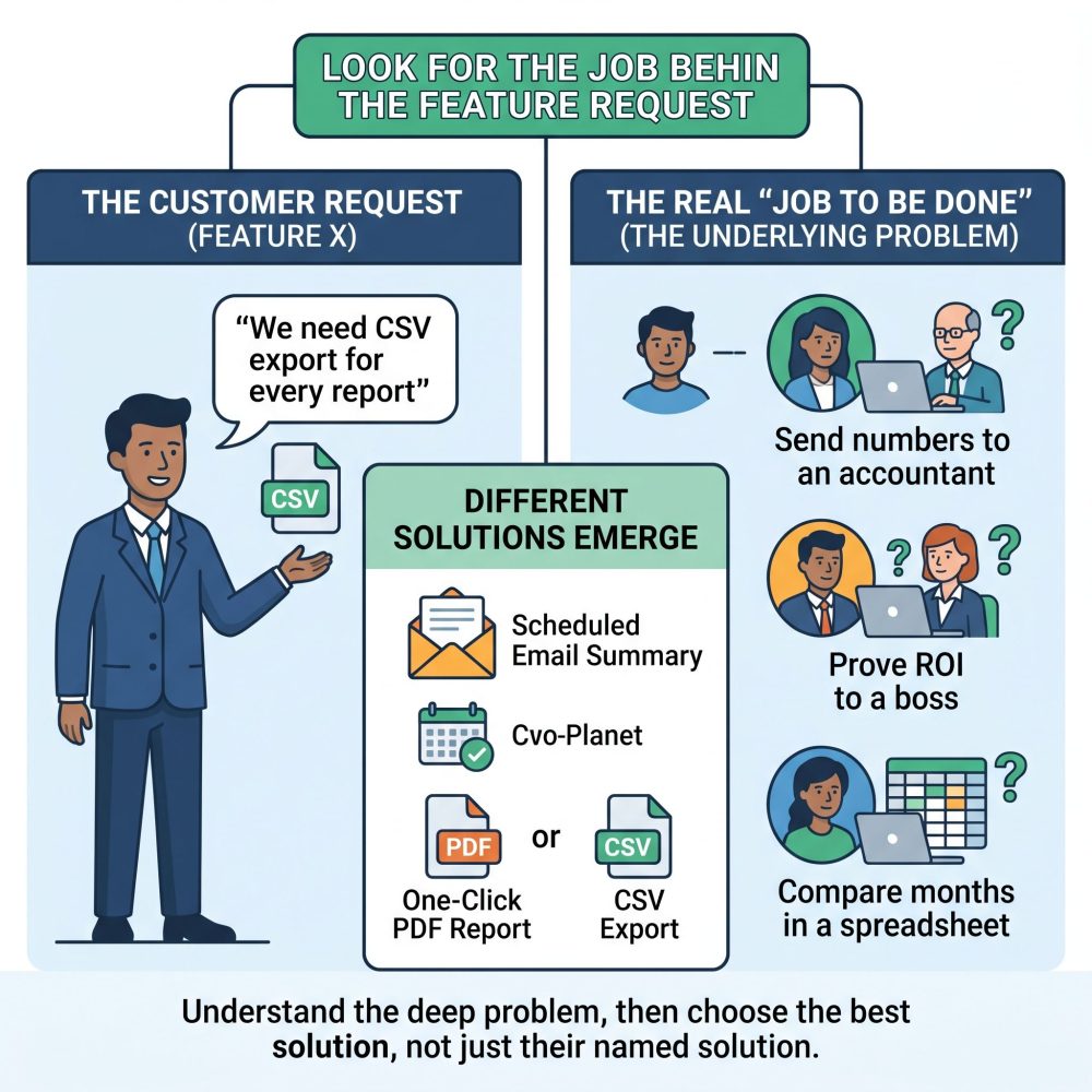 Infographic comparing a customer feature request to the real underlying job and alternative solutions.