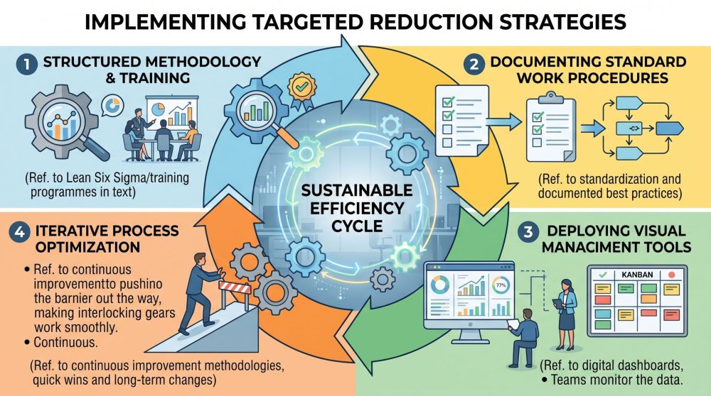 A cyclical vector infographic illustrating four stages for implementing waste reduction: structured training, standard procedures, visual tools, and iterative optimization.