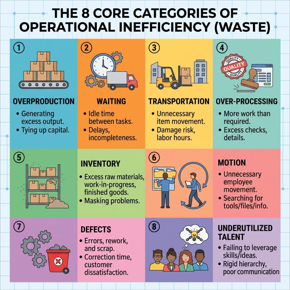 A clean matrix infographic defining and illustrating eight core categories of operational inefficiency, such as overproduction, defects, and underutilized talent.