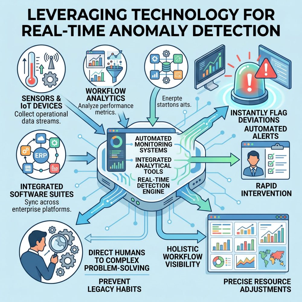 A modern infographic showing how sensors, analytics, and software form a real-time detection system, flagging anomalies for human intervention and providing holistic visibility.